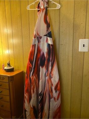 Halter Maxi Dress in Red Abstract Print